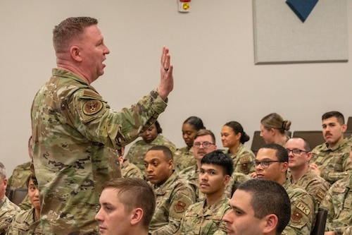 Chief Master Sgt. Chad Bickley, Command Chief for Air Education and Training Command, provides a Change in Mindset briefing at Maxwell Air Force Base, Alabama, Feb. 22, 2024. The Change in Mindset initiative emphasizes the significance of adaptability and innovation in the rapidly evolving military operations landscape. The briefing aims to instill a collective mindset shift, encouraging Airmen to embrace change and excel in dynamic environments. (U.S. Air Force photo by Senior Airman Evan Porter)