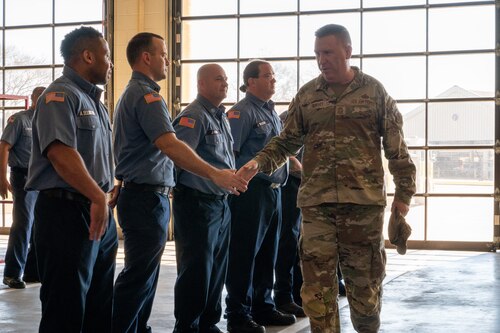 Chief Master Sgt. Chad Bickley, command chief for Air Education and Training Command, visits with Fire Department personnel at Maxwell Air Force Base, Alabama, Feb. 22, 2024. Bickley spent his time during the visit engaging with Airmen from units across the installation, all of whom play pivotal roles in the success of the 42nd Air Base Wing’s mission. (U.S. Air Force photo by Senior Airman Evan Porter)