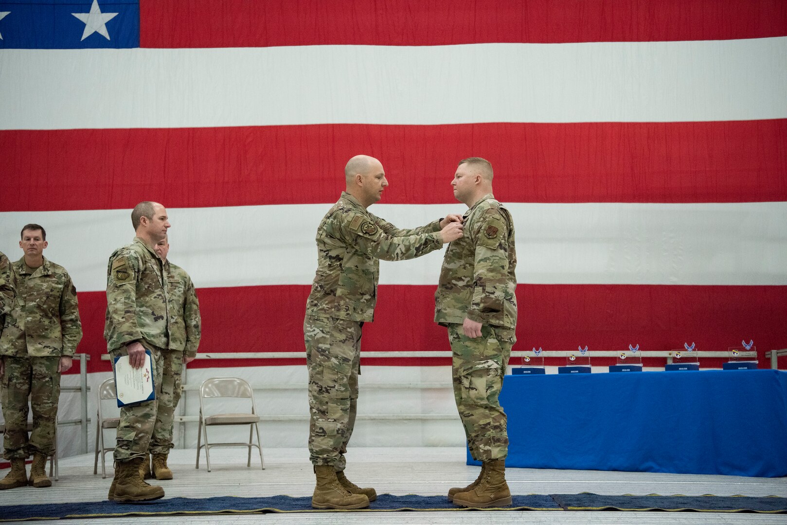 U.S. Air Force Chief Master Sgt. David Olejarz, 128th Civil Engineer senior enlisted leader, was awarded the Bronze Star Medal during a ceremony held at the 128th Air Refueling Wing, Milwaukee, Feb. 4, 2024. The Bronze Star Medal is awarded for meritorious service in a combat zone.(U.S. Air National Guard photo by Master Sgt. Lauren Kmiec)