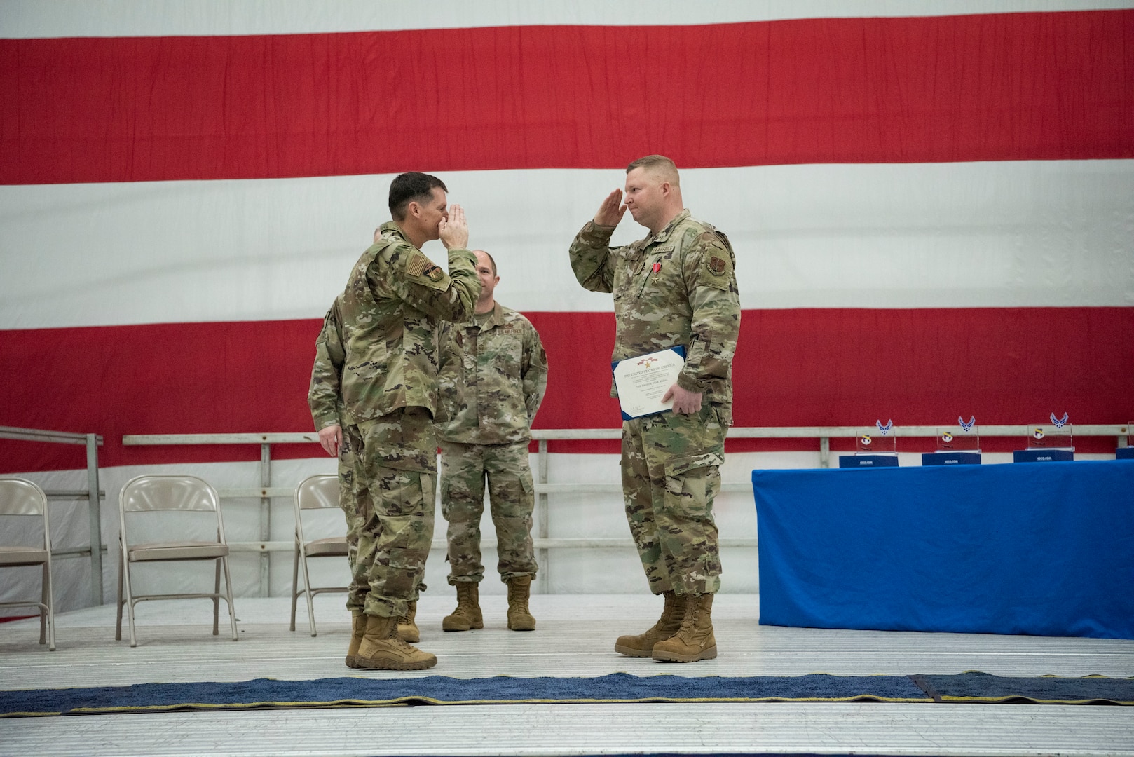 U.S. Air Force Chief Master Sgt. David Olejarz, 128th Civil Engineer senior enlisted leader, was awarded the Bronze Star Medal during a ceremony held at the 128th Air Refueling Wing, Milwaukee, Feb. 4, 2024. The Bronze Star Medal is awarded for meritorious service in a combat zone.(U.S. Air National Guard photo by Master Sgt. Lauren Kmiec)