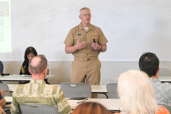 Joint Task Force Red-Hill (JTF-RH) Commander, U.S. Navy Vice Adm. John Wade, provides a defueling update to the Military Affairs Council (MAC) of the Hawaii Chamber of Commerce in Honolulu, Hawaii, March. 1, 2024.