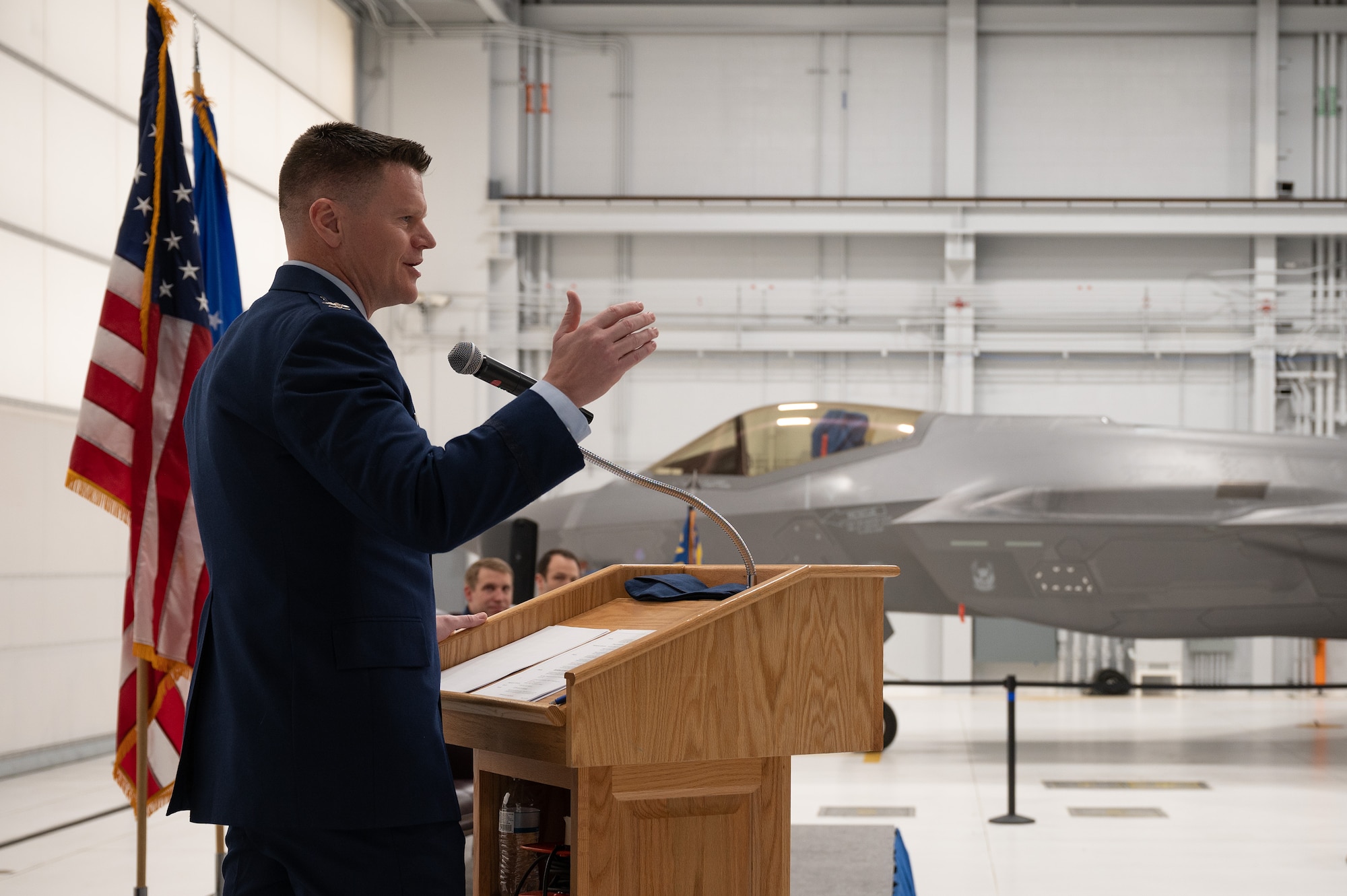 Photo of Col. Paul Townsend, 354th Fighter Wing commander, addressing the crowd during the 354th OSS change of command ceremony.