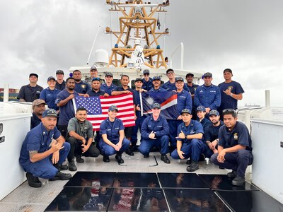The USCGC Oliver Henry (WPC 1140) crew take a moment for a photo with members of the Sea Patrol on Feb. 22, 2024, in Majuro, Republic of the Marshall Islands. Underway in support of Operation Blue Pacific, the cutter crew showcased the effectiveness of the U.S. and RMI maritime bilateral agreement, conducting a shared patrol with shipriders emphasizing collaborative efforts in maritime safety, security, and stewardship in terms of resource protection. (U.S. Coast Guard photo)