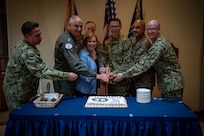 Vice Adm. John Gumbleton, deputy commander, U.S. Fleet Forces Command, Rear Adm. Doug Verissimo, commander, Naval Air Force Atlantic, Lt. Gen. Brian Cavanaugh, commander, Fleet Marine Force Atlantic, and Rear Adm. Dawn Cutler (Ret.), Navy-Marine Corps Relief Society Executive Vice President, officially launch the 2024 Active Duty Fund Drive on March 5 during a cake cutting ceremony at United States Fleet Forces Command, thanking this year’s coordinators for their support to contact every Sailor and Marine to bring awareness to their Navy-Marine Corps Relief Society. (U.S. Navy photo by Mass Communication Specialist 1st Class Evan Thompson)