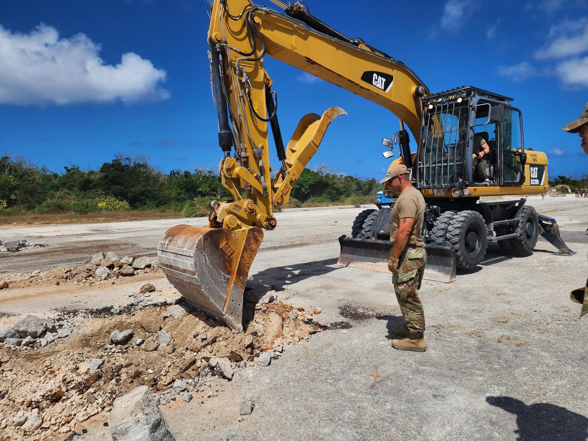 The 356th Expeditionary Prime Base Engineer Emergency Force (BEEF) Squadron (EPBS) engage in a 48-hour Expedient and Expeditionary Airfield Damage Repair (E-ADR) exercise at the Pacific Regional Training Center - Andersen, Guam, Feb. 26, 2024. The primary objective of this exercise was to demonstrate the team’s proficiency under prescribed time constraints when repairing a specified number of craters from a simulated airfield attack. (Courtesy Photo)