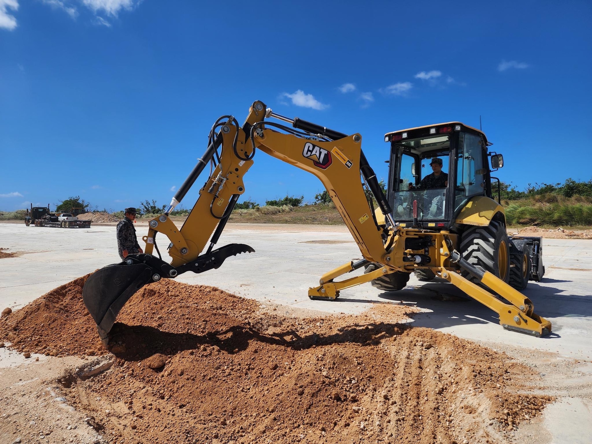 The 356th Expeditionary Prime Base Engineer Emergency Force (BEEF) Squadron (EPBS) engage in a 48-hour Expedient and Expeditionary Airfield Damage Repair (E-ADR) exercise at the Pacific Regional Training Center - Andersen, Guam, Feb. 26, 2024. The primary objective of this exercise was to demonstrate the team’s proficiency under prescribed time constraints when repairing a specified number of craters from a simulated airfield attack. (Courtesy Photo)