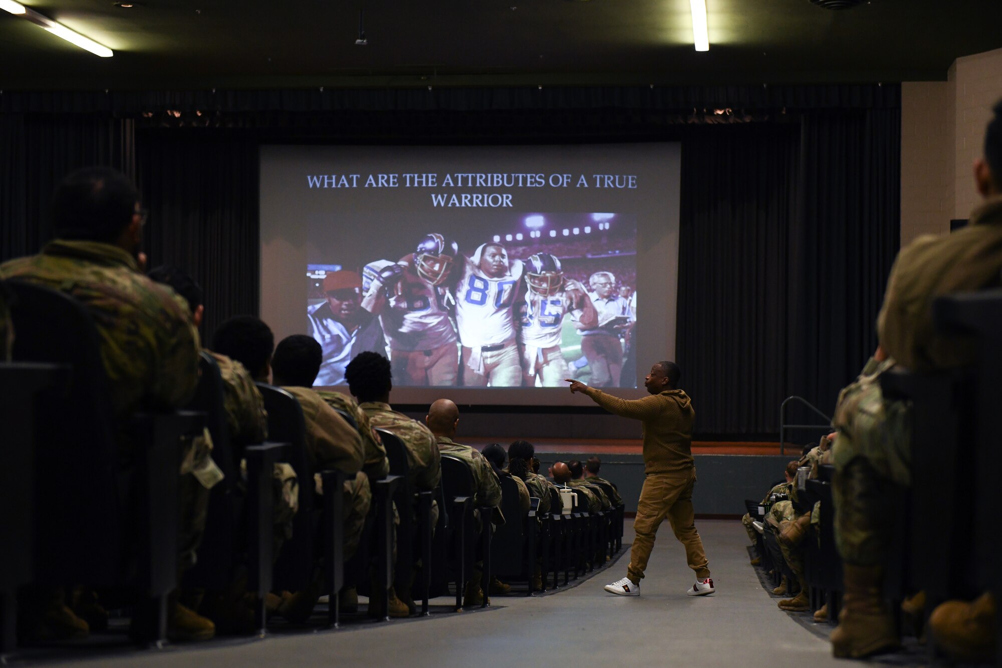Retired U.S. Air Force Chief Master Sgt. Anthony Brinkley speaks at a Warrior Heart seminar.