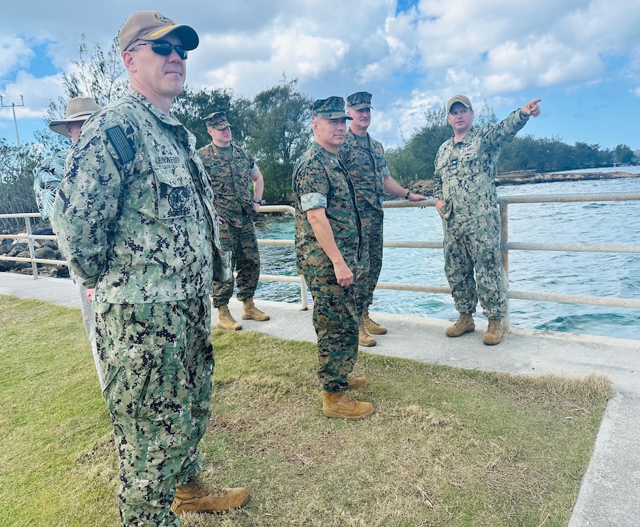 U.S. Marine Corps Brig. Gen. Daniel Shipley, deputy commander, U.S. Marine Corps Forces (MARFORPAC), met with U.S. Naval Base Guam (NBG) Commanding Officer Capt. John Frye during a familiarization tour of the installation, March 4.