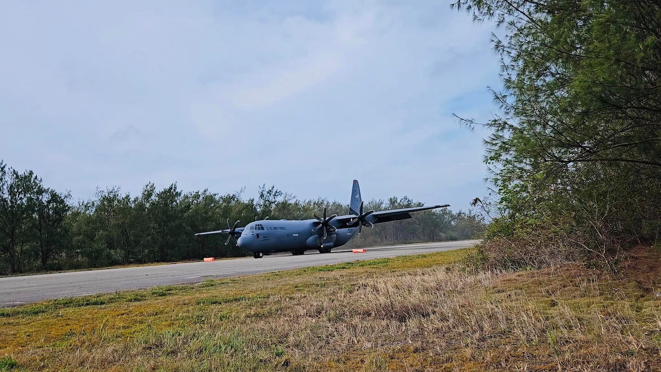 A C-130 aircraft landed and took off from Orote Airfield on U.S. Naval Base Guam, Feb. 23. The evolution was part of the Cope North 2024 exercise.  Orote Airfield was the first airfield in Guam, a pioneering effort in military aviation in the western Pacific. It played an important role in the Battle of the Philippine Sea in 1944 and was important in the liberation of Guam.