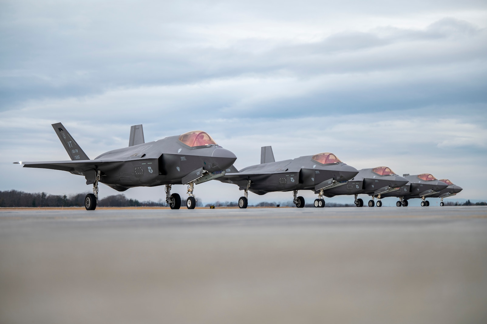 Pictore of F-35A Lightning II’s assigned to the 134th Fighter Squadron, 158th Fighter Wing, Vermont Air National Guard lineing up prior to takeoff at the South Burlington Air National Guard Base, South Burlington, Vermont on March 2, 2024.