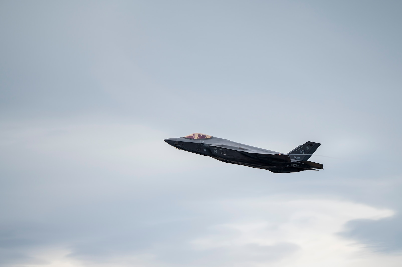 Photo of an F-35A Lightning II assigned to the 134th Fighter Squadron, 158th Fighter Wing, Vermont Air National Guard taking off from the South Burlington Air National Guard Base, South Burlington, Vermont on March 2, 2024. The VTANG conducted air operations so that its pilots and ground crew can remain ready and proficient.