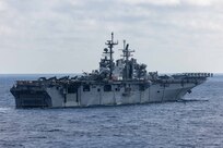 U.S. Navy Wasp-class amphibious assault ship USS Bataan (LHD 5) transits the Mediterranean Sea, Feb. 25, 2024. The Bataan Amphibious Ready Group transferred to NATO command in the Eastern Mediterranean in order to conduct a series of short notice vigilance activities with elements of Allied Maritime Command’s Standing NATO Maritime Group 2 and the Turkish Navy. (U.S. Marine Corps photo by Cpl. Rafael Brambila-Pelayo)