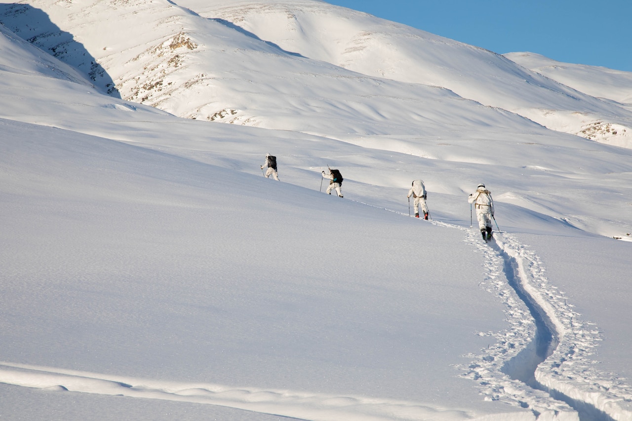 Four service members in cold weather gear walk up a snowy mountain using ski poles.