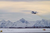 A U.S. Marine Corps pilot with Marine Fighter Attack Squadron (VMFA) 312, 2nd Marine Aircraft Wing, flies an F/A-18D Hornet during routine flight operations in preparation for Exercise Nordic Response 24 at Andenes, Norway, Feb. 29, 2024. Exercise Nordic Response, formerly known as Cold Response, is a NATO training event conducted every two years to promote military competency in arctic environments and to foster interoperability between the U.S. Marine Corps and allied nations. (U.S. Marine Corps photo by Cpl. Christopher Hernandez)