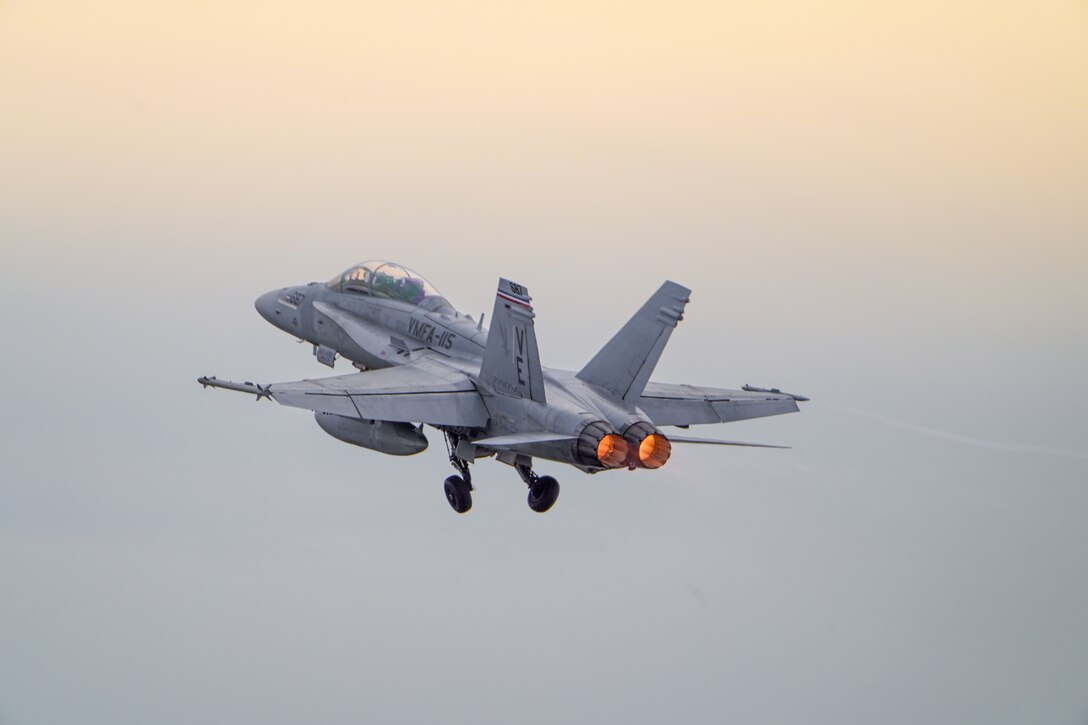 A U.S. Marine Corps pilot with Marine Fighter Attack Squadron (VMFA) 312, 2nd Marine Aircraft Wing, flies an F/A-18D Hornet during routine flight operations in preparation for Exercise Nordic Response 24 at Andenes, Norway, Feb. 29, 2024. Exercise Nordic Response, formerly known as Cold Response, is a NATO training event conducted every two years to promote military competency in arctic environments and to foster interoperability between the U.S. Marine Corps and allied nations. (U.S. Marine Corps photo by Cpl. Christopher Hernandez)