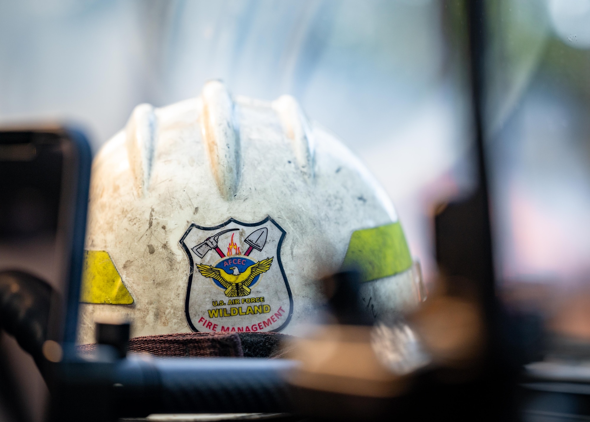 Close up of a firefighter helmet.