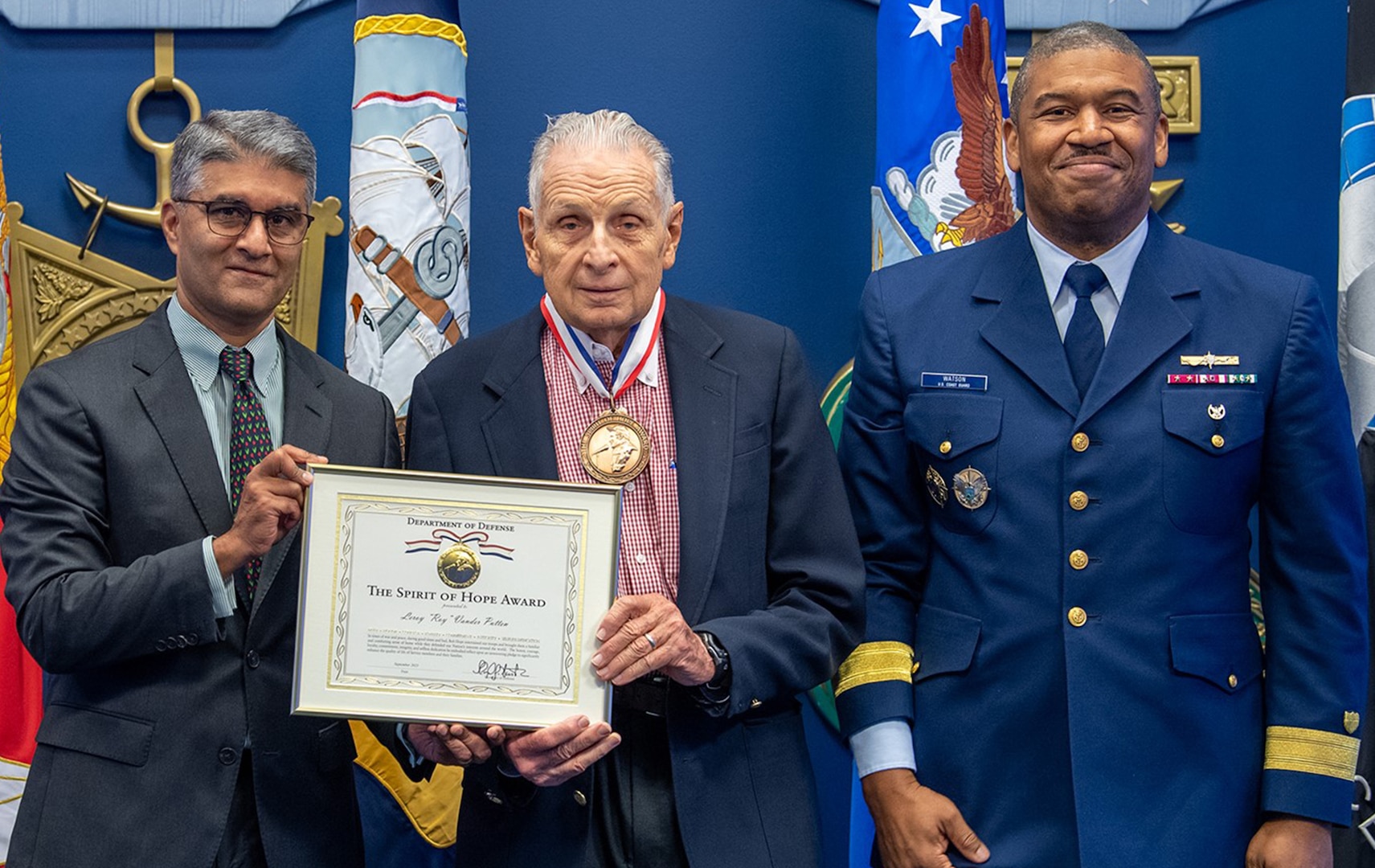 Left to right: Honorable Ashish Vazirani, Mr. Leroy Vander Putten, and Rear Admiral Will Watson attending the Spirit of Hope award ceremony Sept. 14, 2023.