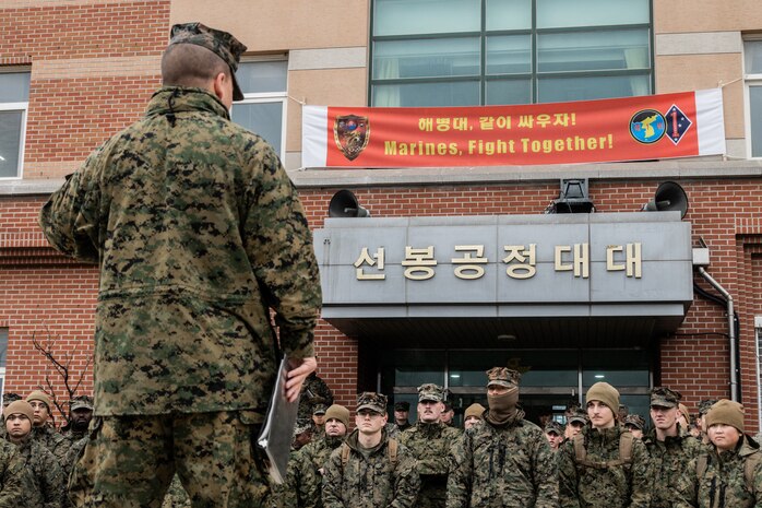 U.S. Marine Corps Maj. Todd Sturgill, the company commander for Headquarters Company, Headquarters Battalion, 1st Marine Division, speaks to Marines about building a combined command post in preparation for Freedom Shield 24 in Pohang, South Korea, Feb. 25, 2024. FS 24 is a defense-oriented exercise designed to strengthen the ROK-U.S. Alliance, enhance the combined defense posture, and further strengthen security and stability on the Korean peninsula. Sturgill is a native of Virginia.