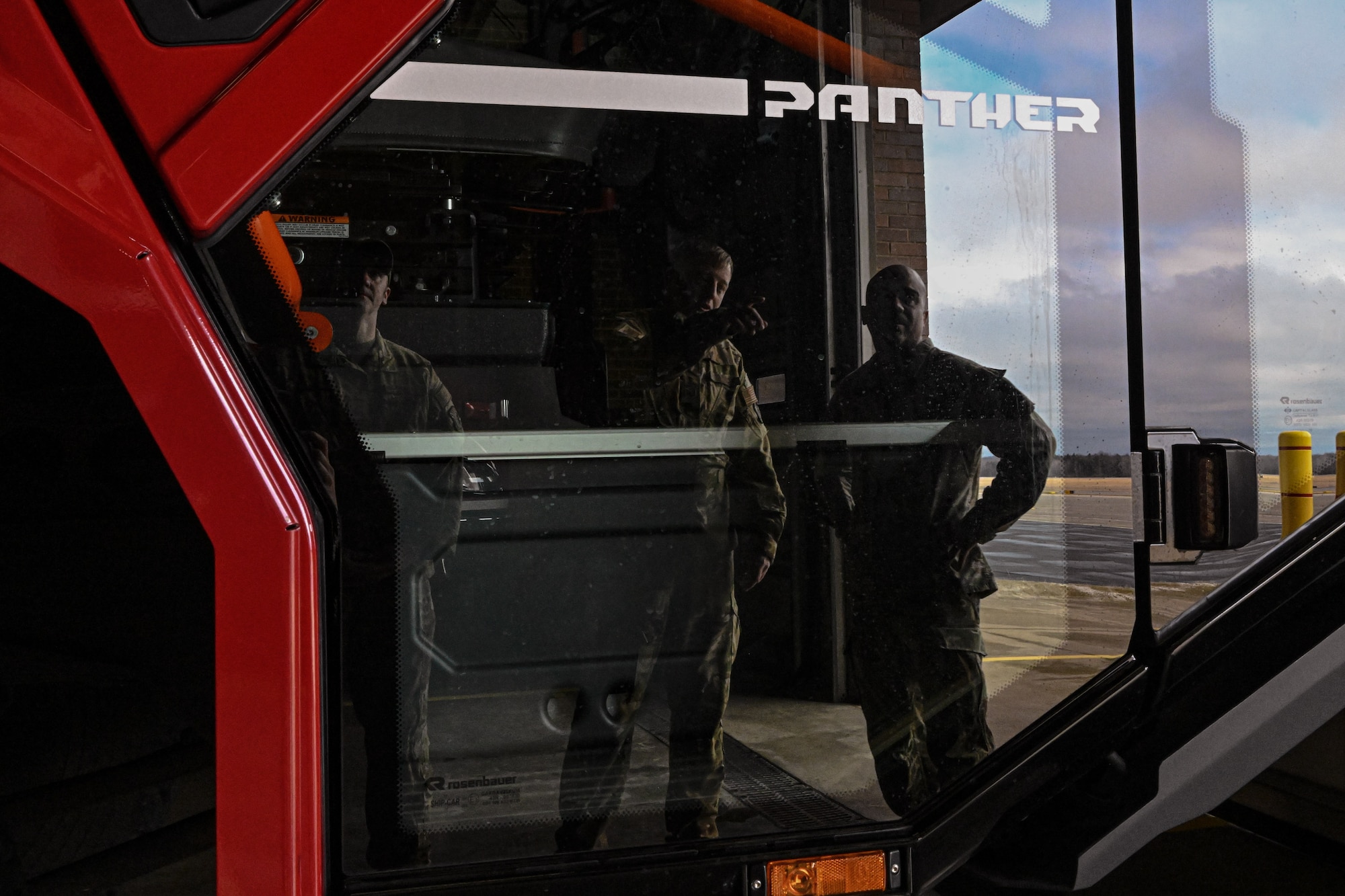 Chief Master Sgt. Israel Nuñez, senior enlisted advisor to the Chief of Air Force Reserve and Command Chief Master Sergeant of Air Force Reserve Command, engages with 910th Airlift Wing firefighters during a base tour at Youngstown Air Reserve Station, Ohio, March 2, 2024.