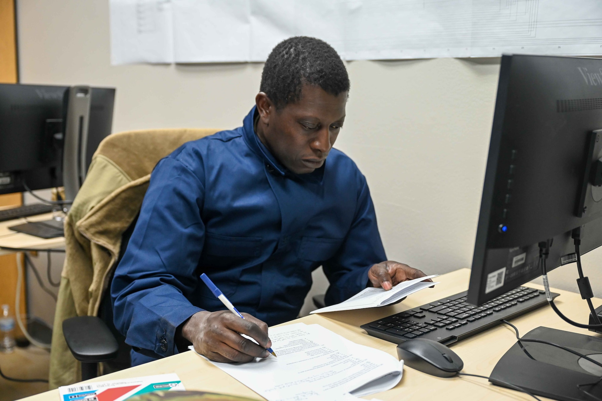 U.S. Air Force Airman 1st Class Elhadji Gueye, 507th Logistics Readiness Squadron vehicle maintenance mechanic, at Tinker Air Force Base, Oklahoma, reviews his study guide at Altus
Air Force Base, Oklahoma, February 29, 2024. The study guide was created by Thomas Kessler, 97th Logistics Readiness Squadron environmental and training leader, and has been adopted by 27 other bases. (U.S. Air Force photo by Airman 1st Class Kari Degraffenreed)