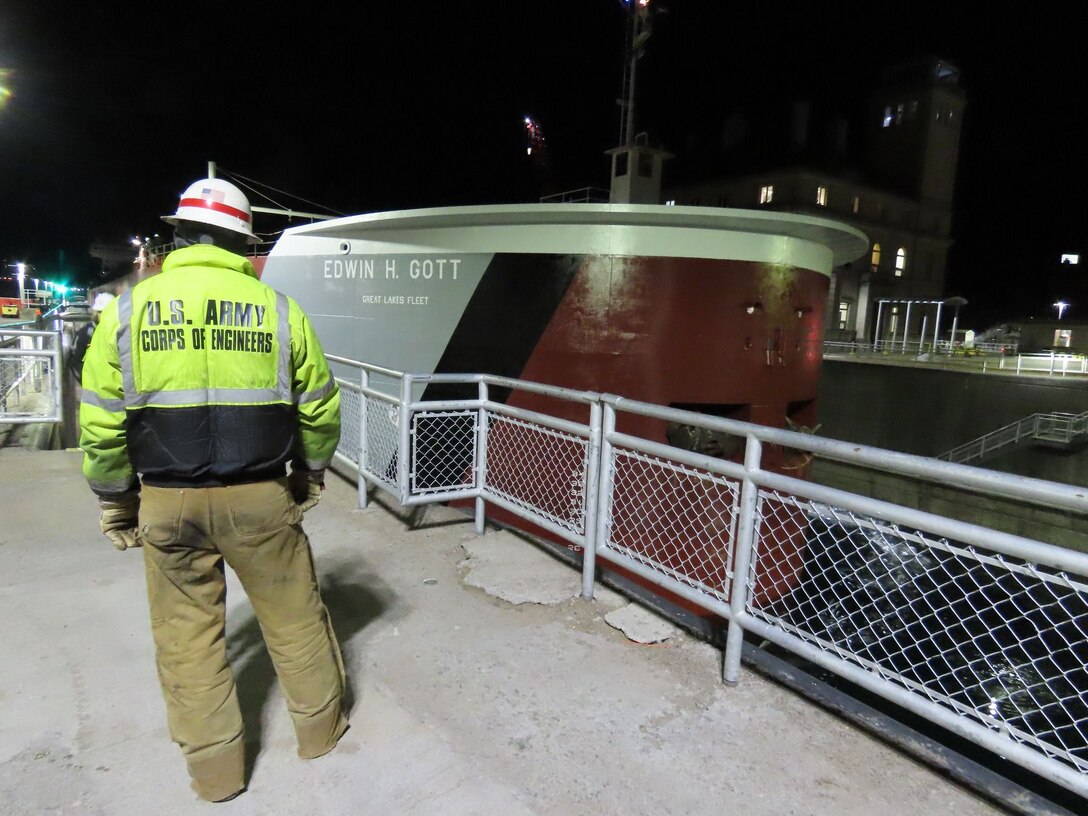 As midnight struck on March 25, 2023, the Edwin H. Gott made her way into the Poe Lock, kicking off the 2023 Navigation Season at the Soo Locks in Sault Ste. Marie, Mich.