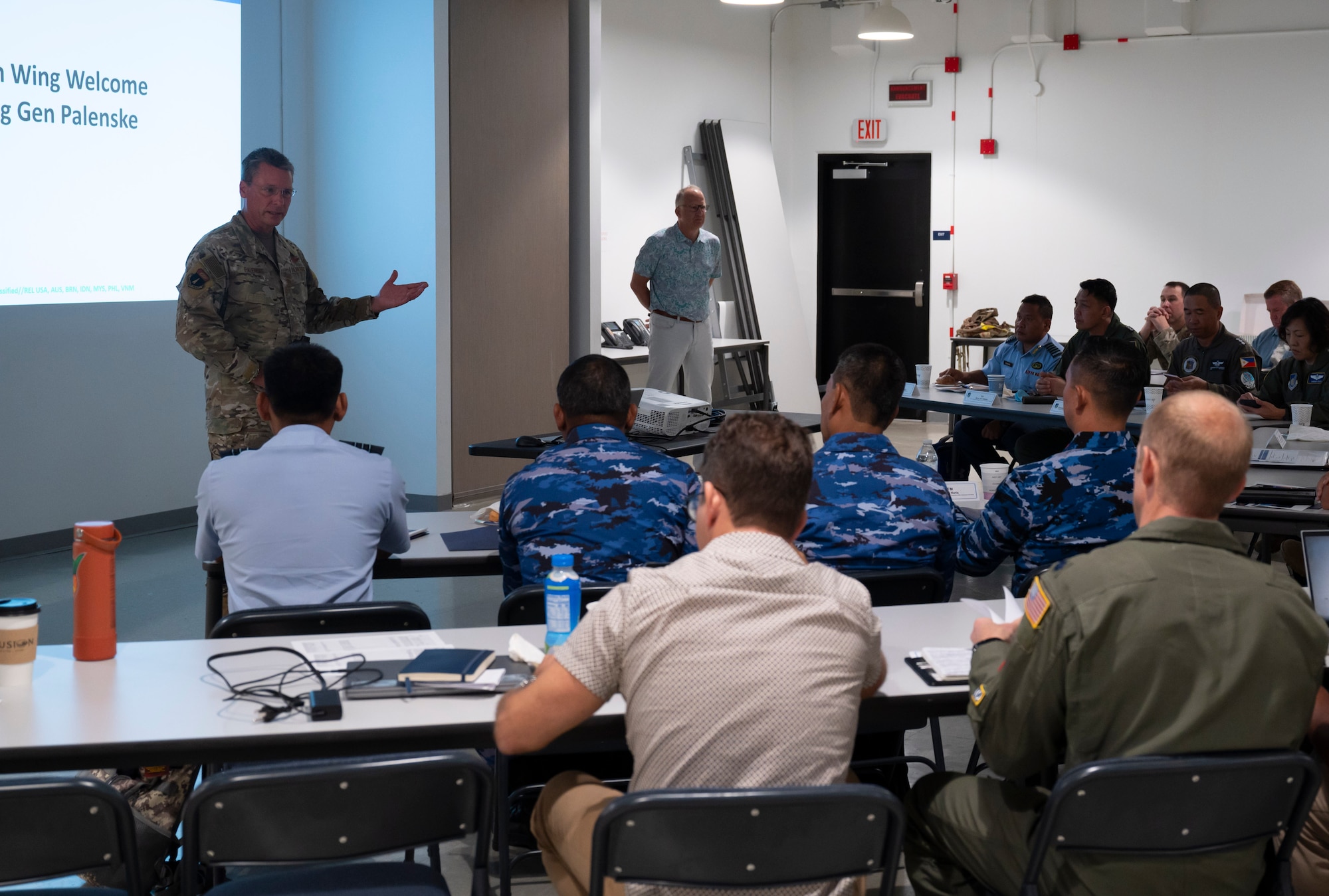 U.S. Air Force Brig. Gen. Thomas Palenske, speaks to participants of the Regional Air Domain Awareness Senior Leader Seminar, Andersen Air Force Base, Guam, Feb. 26, 2024. Throughout the seminar, leaders discussed air domain strategies, policies, terminology and also developed a network of Allies and partners that have a shared understanding of air domain awareness. (U.S. Air Force photo by Airman 1st Class Spencer Perkins)