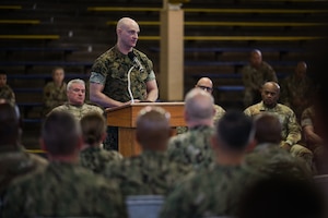 Senior Enlisted Advisor to the Chairman of the Joint Chiefs of Staff Troy E. Black speaks during an All-Call at the Bloch Arena at Joint Base Pearl Harbor-Hickam, Hawaii, March 5, 2024. The SEAC and several enlisted leaders from all military branches provided an opportunity for attendees to inquire about future operations, readiness and several other topics that affect the day-to-day mission sets in the Pacific. (U.S. Air Force photo by Staff Sgt. Alan Ricker)