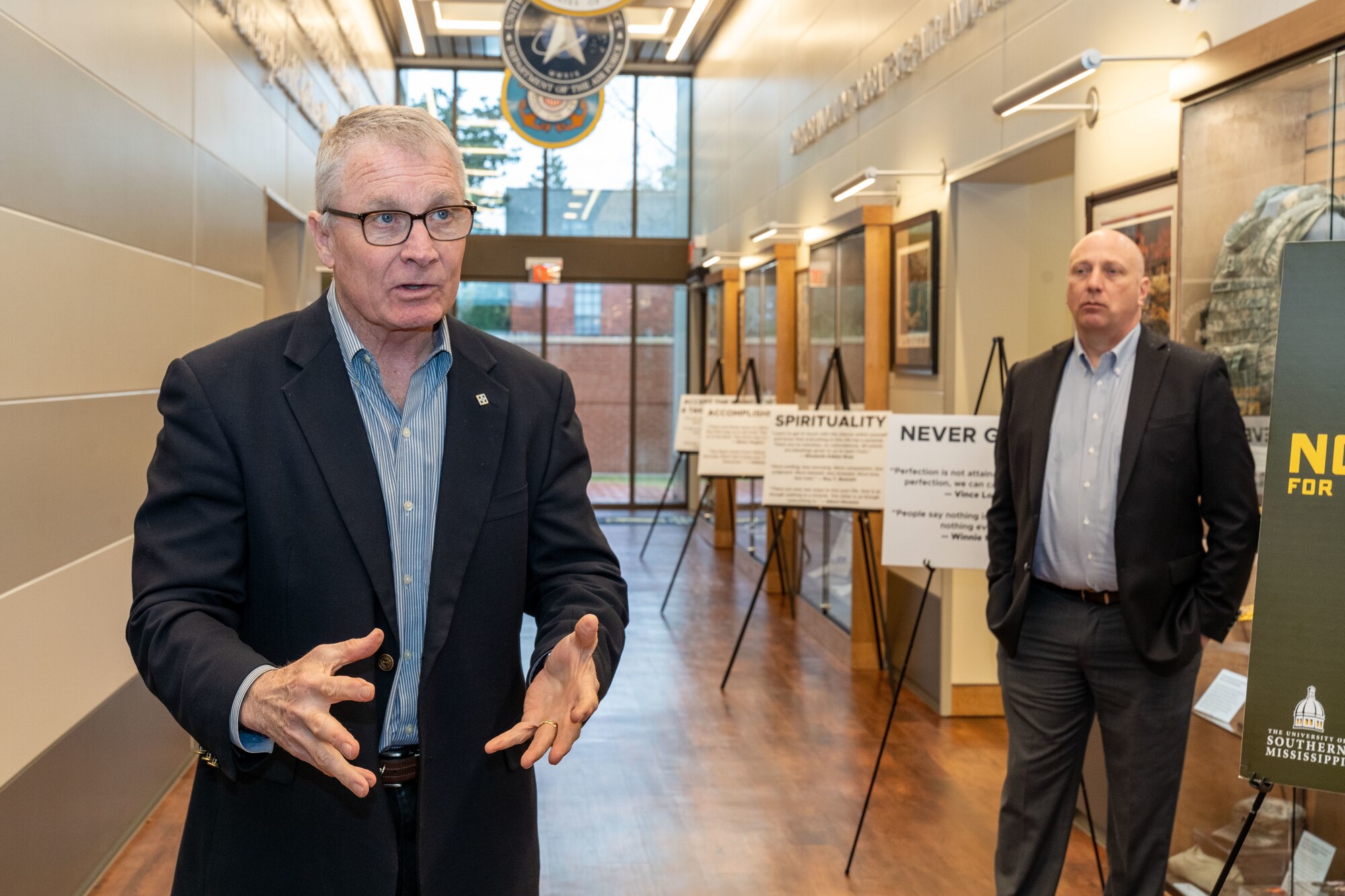 U.S. Army retired Maj. Gen. Jeff Hammond, director of University of Southern Mississippi veterans and military affairs, briefs leaders from the 81st Training Wing about the history of the USM Center for Military Veterans, Service Members and Families in Hattiesburg, Mississippi, March 1, 2024.