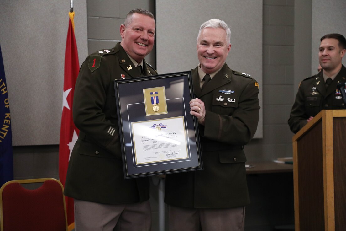 Army Lt. Col. Todd Reed was honored during a retirement ceremony at the Wellman Armory auditorium on Boone National Guard Center in Frankfort March 1, 2024. He has served in the military for 37 years.  (U.S. Army National Guard photo by Sgt. 1st. Class Benjamin Crane)