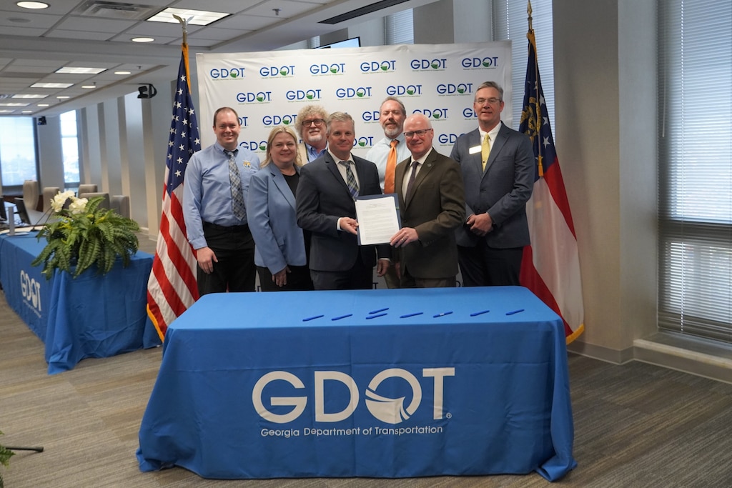 Representatives of the U.S. Army Corps of Engineers, U.S. Fish & Wildlife Service, Georgia Department of Transportation, Georgia Department of Natural Resources, and the Federal Highway Administration pause for a photo after signing the Bat Programmatic Agreement during a ceremony at the Georgia Department of Transportation Headquarters, in Atlanta, Feb. 29, 2024. 
The Bat Programmatic Agreement creates a statewide process to streamline interagency consultation which is required under Section 7 of the Endangered Species Act for transportation related projects that could negatively impact endangered bat species.