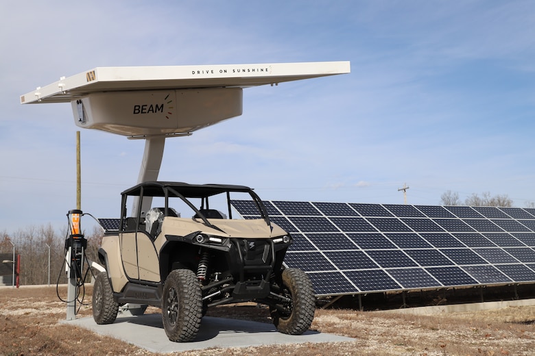 The Volcon Stag Utility Terrain Vehicle charging under the BEAM EV ARC™ 2020.