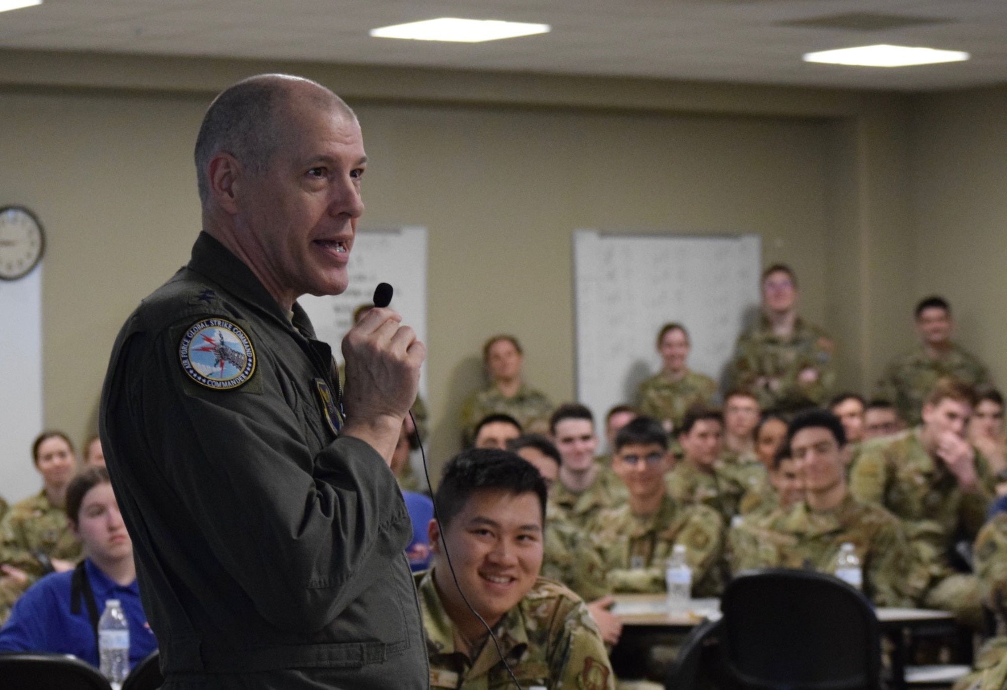 U.S. Air Force Gen. Thomas Bussiere, commander of Air Force Global Strike Command, speaks to cadets during the Giant Leaps Summit at Purdue University, Feb. 24. The Air Force Reserve Officers’ Training Corps Detachment 220 Cadet Delta hosted the event, bringing together academia, industry and Department of Defense professionals to discuss the future of national defense. (U.S. Air Force photo by Air Force ROTC Detachment 220 Cadet Delta)