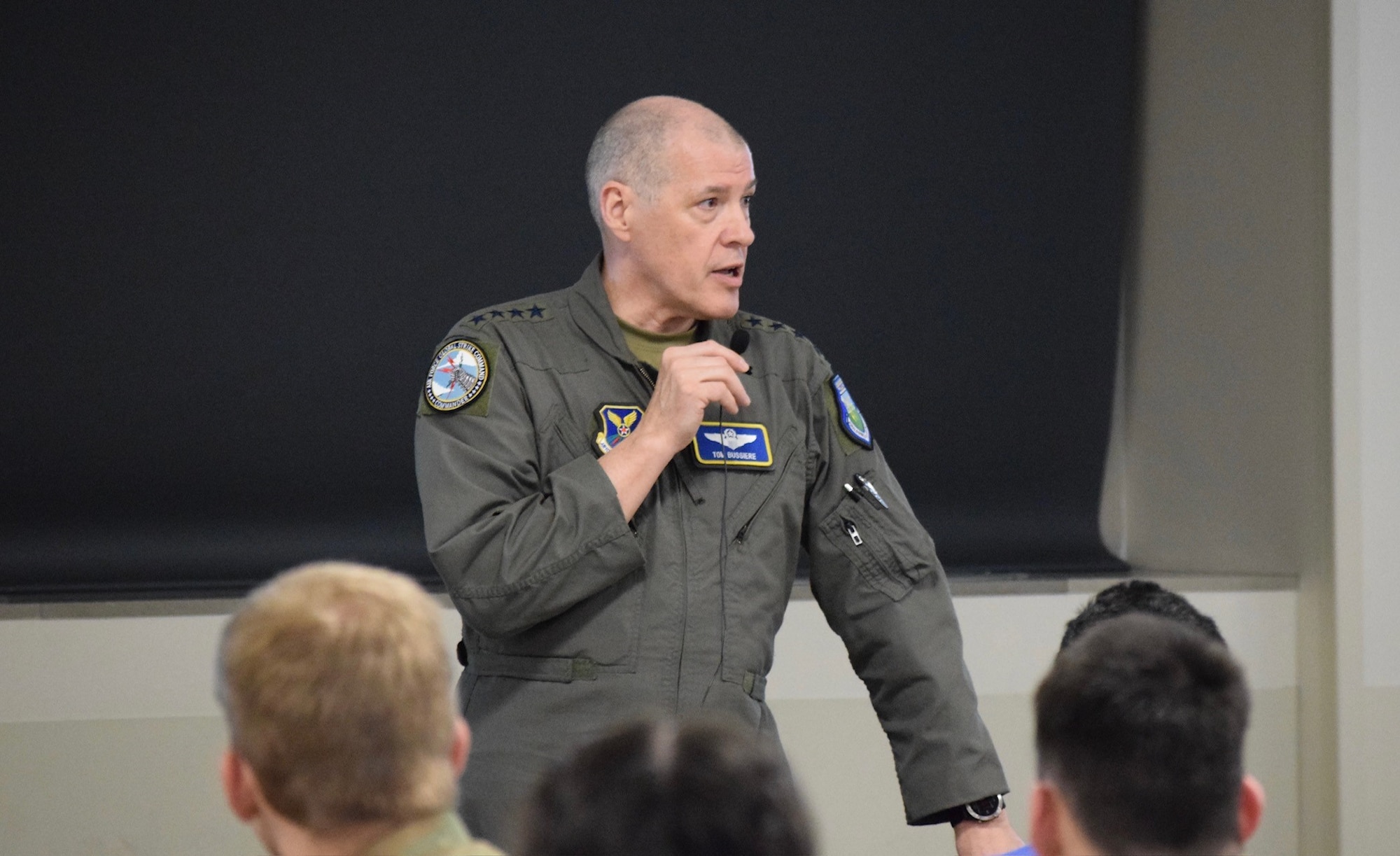 U.S. Air Force Gen. Thomas Bussiere, commander of Air Force Global Strike Command, speaks to cadets during the Giant Leaps Summit at Purdue University, Feb. 24. The Air Force Reserve Officers’ Training Corps Detachment 220 Cadet Delta hosted the event, bringing together academia, industry and Department of Defense professionals to discuss the future of national defense. (U.S. Air Force photo by Air Force ROTC Detachment 220 Cadet Delta)