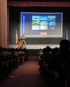 U.S. Air Force Gen. Thomas Bussiere, commander of Air Force Global Strike Command, addresses a crowd of cadets, industry professionals, and academics during the Giant Leaps Summit at Purdue University, Ind., Feb. 24, 2024. The Air Force Reserve Officers’ Training Corps Detachment 220 Cadet Delta hosted the event, and over 110 cadets from 29 detachments and 12 industry partners attended. (U.S. Air Force photo by Maj. Lauren Linscott)
