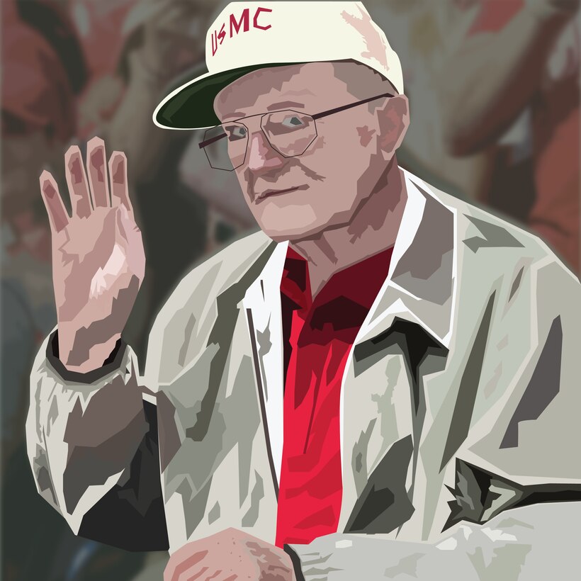 This graphic illustration features U.S. Marine Corps veteran Cpl. Donald Raasch, created on Feb. 27, 2024. Raasch served during World War II, where he fought on Iwo Jima for 14 days until he was injured by a mortar shell explosion, earning a Purple Heart for his service. Nearing 100 years in age, he is one of the few men who can retell his experience battling on the black sands of Iwo Jima. This graphic was created using Adobe Illustrator. (U.S. Marine Corps graphic illustration by Lance Cpl. Hana Lathrop)