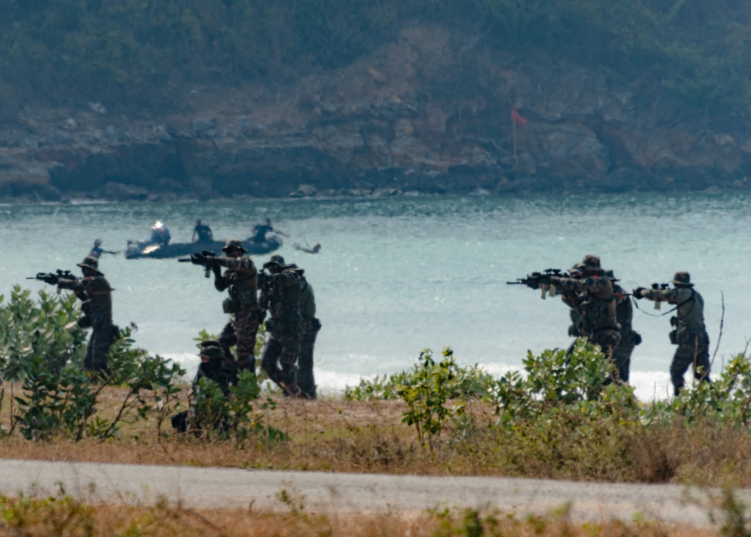 Republic of Korea Marines insert via combat rubber raiding craft during an amphibious assault demonstration for Cobra Gold 24 at Hat Yao Beach in Rayong province, Kingdom of Thailand, March 1, 2024. Exercise Cobra Gold is the largest joint exercise in mainland Asia and a concrete example of the strong alliance and strategic relationship between Thailand and the United States. This year is the 43rd iteration of the multilateral exercise and occurs between Feb. 27 to March 8, 2024. (U.S. Marine Corps photo by Cpl. Cesar Ronaldo Alarcon)