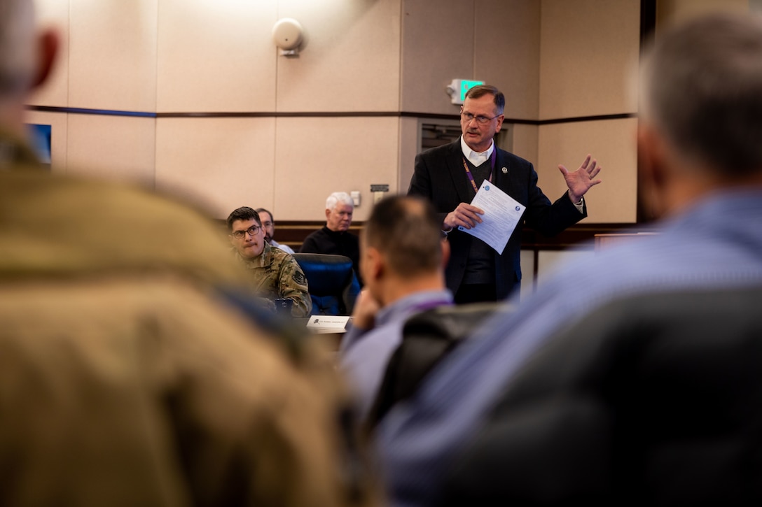 Mr. Randy Kee, Director, Ted Stevens Center for Arctic Security Studies, directs a Senior Leader Discussion in a brief with a joint-service delegation during Distinguished Visitor’s (DV) Day as part of exercise Arctic Edge 2024 (AE24) at Joint Base Elmendorf-Richardson, Alaska, March 4, 2024. AE24 DV Day served as a dynamic forum and facilitated discussions among military leaders, government officials, and academic experts on key issues related to the future of homeland defense in the arctic. The event featured site visits, demonstrations, and presentations, emphasizing the integration of diverse perspectives to strengthen regional partnerships. Arctic Edge 2024 is a U.S. Northern Command-led homeland defense exercise demonstrating the U.S. military’s capabilities in extreme cold weather, joint force readiness, and U.S. military commitment to mutual strategic security interests in the arctic region. (U.S. Marine Corps photo by Lance Cpl. Madisyn Paschal)