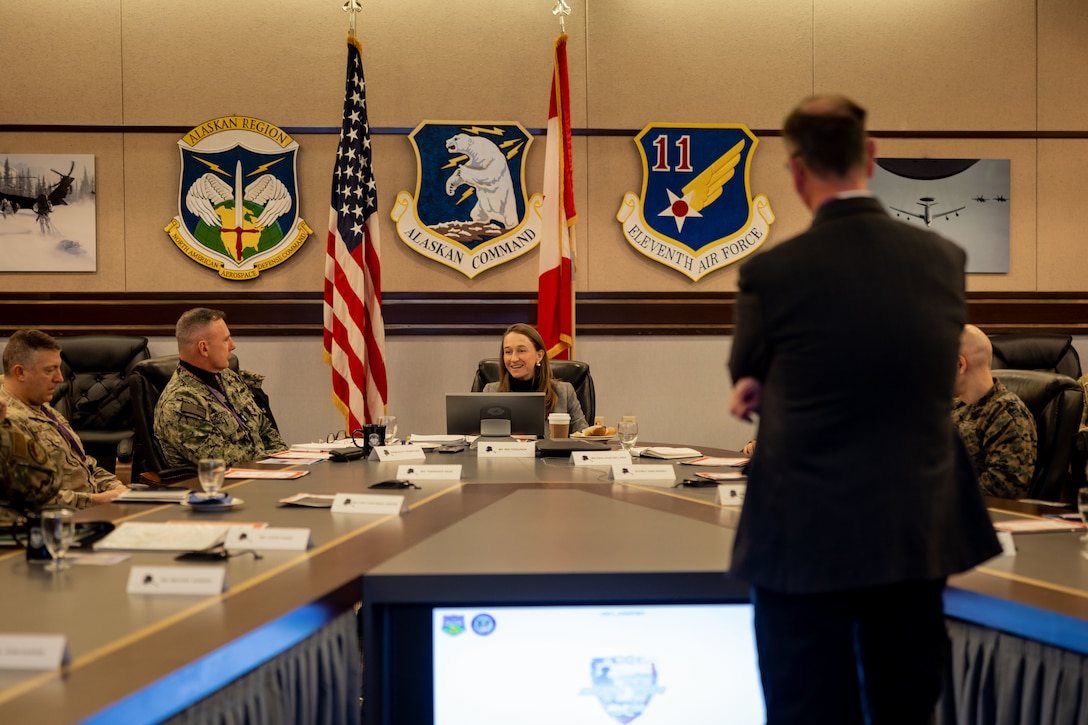 Mr. Randy Kee, Director, Ted Stevens Center for Arctic Security Studies, directs a Senior Leader Discussion in a brief with a joint-service delegation during Distinguished Visitor’s (DV) Day as part of exercise Arctic Edge 2024 (AE24) at Joint Base Elmendorf-Richardson, Alaska, March 4, 2024. AE24 DV Day served as a dynamic forum and facilitated discussions among military leaders, government officials, and academic experts on key issues related to the future of homeland defense in the arctic. The event featured site visits, demonstrations, and presentations, emphasizing the integration of diverse perspectives to strengthen regional partnerships. Arctic Edge 2024 is a U.S. Northern Command-led homeland defense exercise demonstrating the U.S. military’s capabilities in extreme cold weather, joint force readiness, and U.S. military commitment to mutual strategic security interests in the arctic region. (U.S. Marine Corps photo by Lance Cpl. Madisyn Paschal)