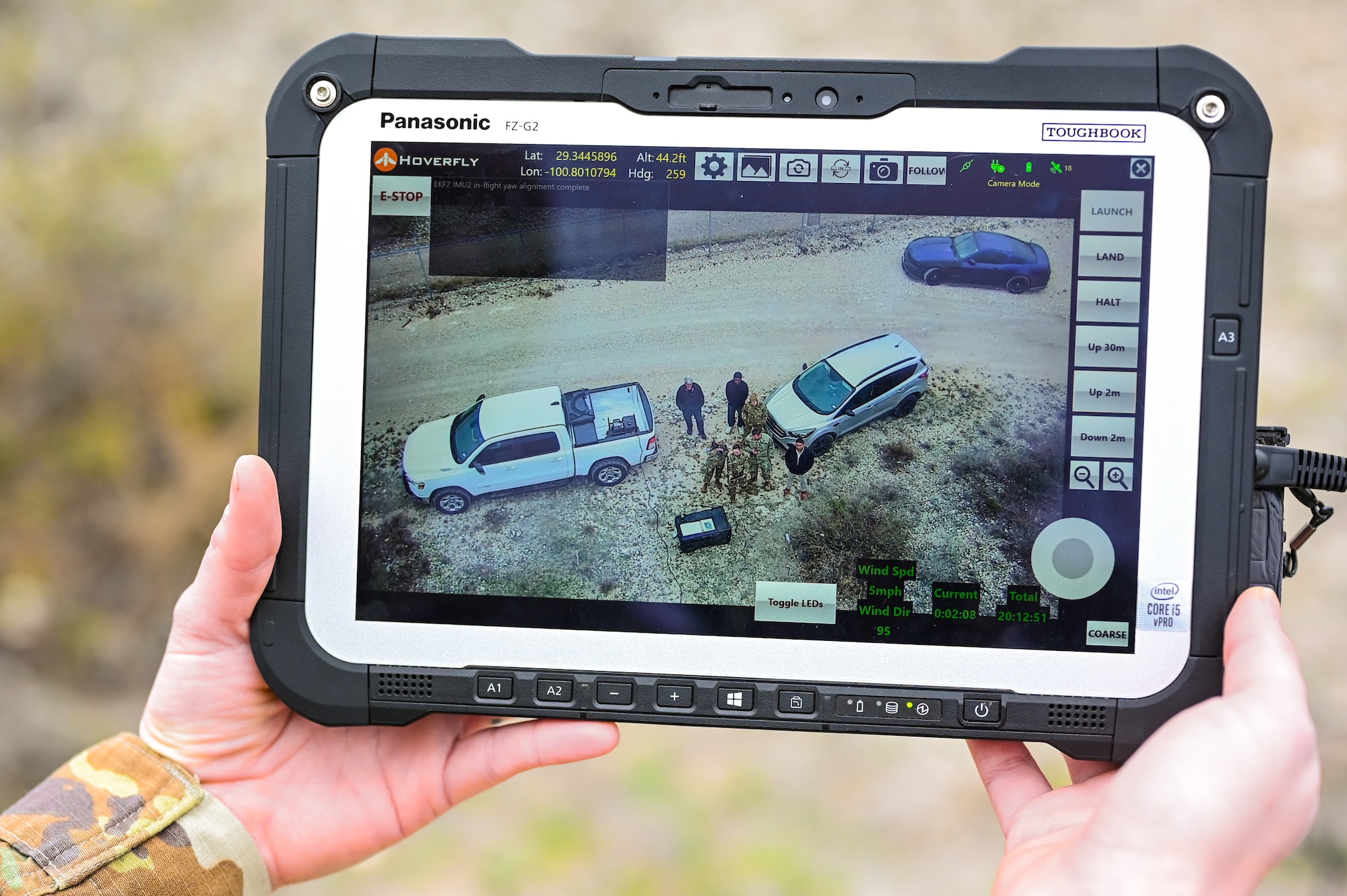 The controller screen of the U.S. Air Force 47th Security Forces Squadron Hoverfly drone at Laughlin Air Force Base, Texas, Feb. 28, 2024. The drone can ascend to altitudes of up to 200 feet, providing extensive visibility over large areas. (U.S. Air Force photo by Airman 1st Class Keira Rossman)
