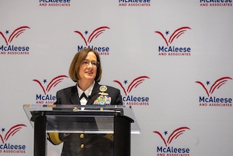 WASHINGTON (March 7, 2024) - Chief of Naval Operations Adm. Lisa Franchetti delivers remarks during the McAleese and Associate’s 15th Annual Defense Programs Conference in Washington, D.C., March 7. Franchetti spoke about America’s Warfighting Navy and how we need to put more ready players on the field. (U.S. Navy photo by Chief Mass Communication Specialist Michael B. Zingaro)