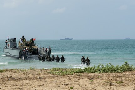 Members from the Republic of Korea (ROK) Navy disembark the ROK No Jeok Bong (LSTII-689) during an amphibious exercise (AMPHIBEX) as part of Joint Exercise Cobra Gold 24, Mar. 1, 2024. Participating in this year’s AMPHIBEX were the U.S., Thailand, and ROK forces, with the United States’ USS Somerset (LPD-25), F-16 fighters, and Landing Craft Air Cushion (LCAC)Landing Craft Air Cushion (LCAC); the Royal Thai Navy’s HTMS Surin and HTMS Mannai, marine corps’ amphibious combat unit vehicles, and patrol aircraft Type 1 (T-337 or Cessna O-2); and the ROK’s No Jeok Bong (LSTII-689) and KAVV amphibious vehicles. This is the 43rd iteration of the Cobra Gold series of exercises, which emphasizes coordination on readiness, civic action, humanitarian assistance, and disaster relief. Joint Exercise Cobra Gold is the largest joint exercise in mainland Asia and a concrete example of the strong alliance and strategic relationship between Thailand and the U.S. (U.S. Navy photo by Mass Communication Specialist 1st Class Robert Zahn)