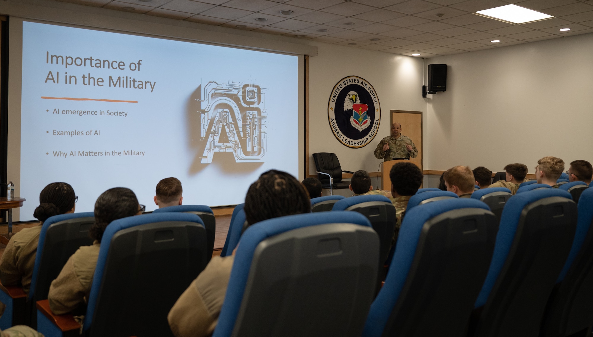 Airmen assigned to the 51st Fighter Wing attend an artificial intelligence brief during a First Term Enlisted Course at Osan Air Base, Republic of Korea, March 6, 2024. FTEC provides first term Airmen and Guardians with essential information to acclimate them to their base and the operational Air Force. Through courses like FTEC, the 51st FW develops innovative leaders by immersing them in cutting-edge technology and empowering them with strategies to mitigate risks effectively. (U.S. Air Force photo by Senior Airman Brittany Russell)