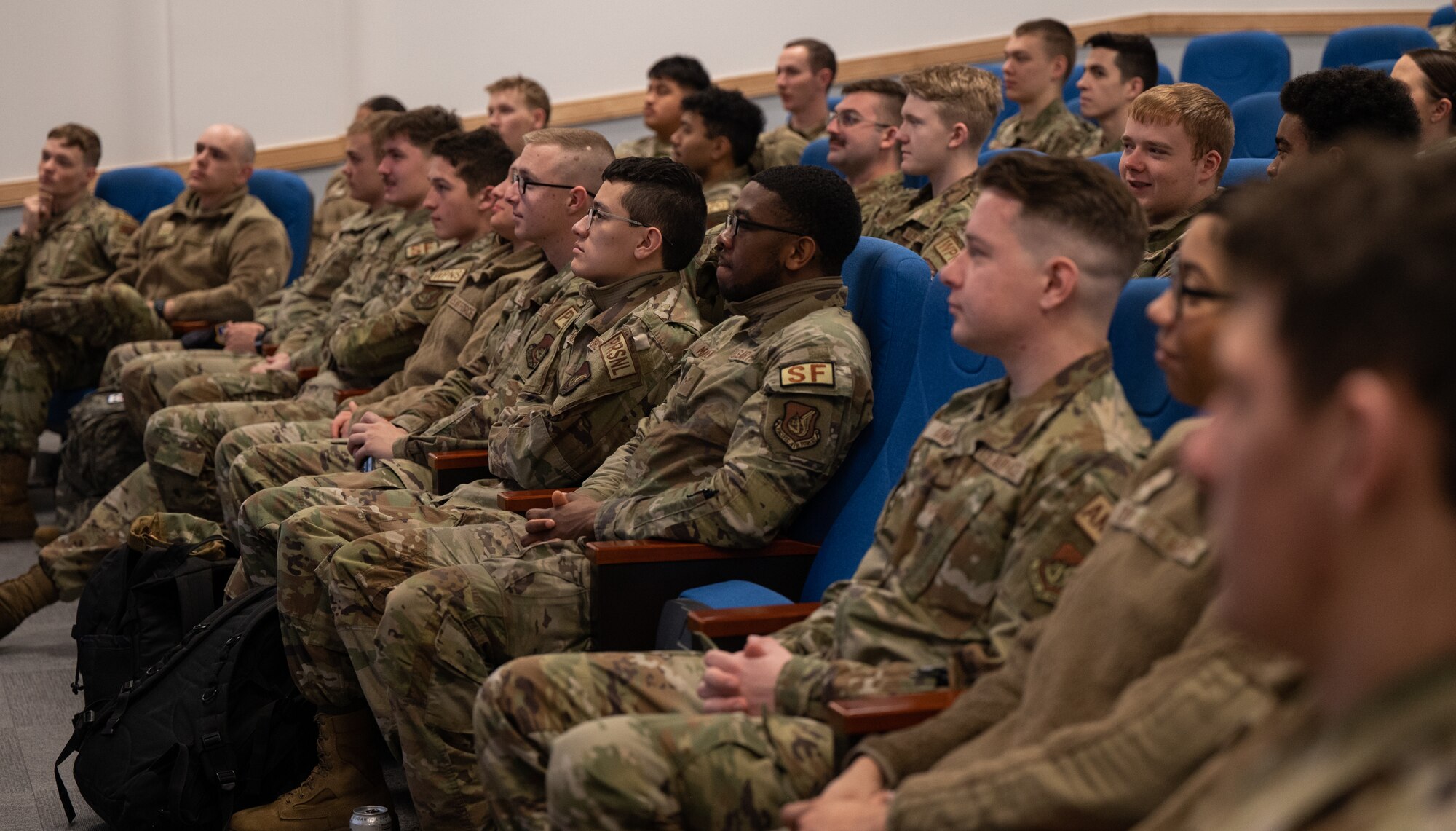 U.S. Air Force Col. William McKibban, 51st Fighter Wing commander, left, and Chief Master Sgt. Lisa Thrasher Stallard, 51st Medical Group senior enlisted leader, right, answer questions from First Term Enlisted Course attendees at Osan Air Base, Republic of Korea, March 6, 2024. FTEC is a professional development course designed to transition first term Airmen to a mission-oriented mindset after their technical training. The 51st FW is committed to equipping Airmen with the resources they need to remain vigilant in their defense of Osan AB and the ROK. (U.S. Air Force photo by Senior Airman Brittany Russell)