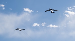 U.S. Air Force B-52H Stratofortresses assigned to the 5th Bomb Wing return from a Bomber Task Force (BTF) mission at Minot Air Force Base, North Dakota, March 1, 2024. These aircraft and others from the 5th Bomb Wing were deployed to Anderson AFB, Guam, as part of a BTF mission to enhance the readiness and training necessary to respond to any potential crisis or challenge worldwide. (U.S. Air Force photo by Airman 1st Class Kyle Wilson)
