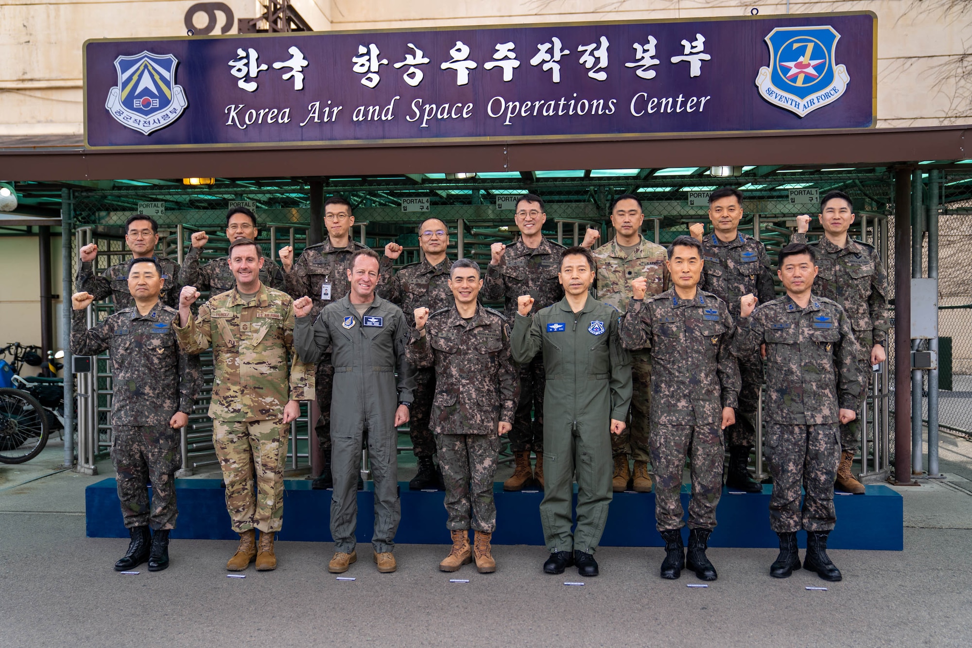 Senior leaders from the U.S. 7th Air Force and Republic of Korea Air Force gather for a group photo during a Freedom Shield 24 Battle Field Circulation visit from ROK Gen. Kang, Shin Chul, Combined Forces Command deputy commander, at Osan Air Base, ROK, March 6, 2024.