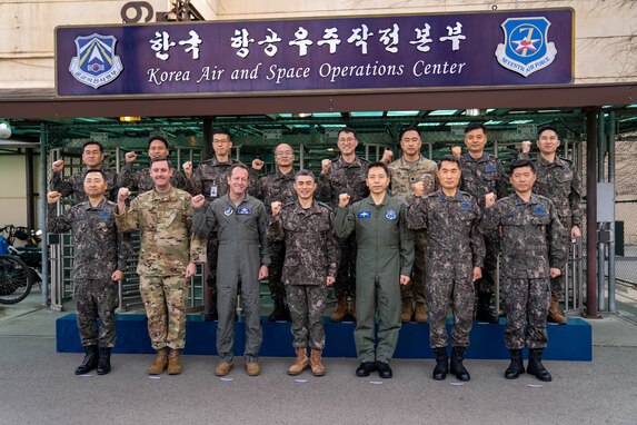 Senior leaders from the U.S. 7th Air Force and Republic of Korea Air Force gather for a group photo during a Freedom Shield 24 Battle Field Circulation visit from ROK Gen. Kang, Shin Chul, Combined Forces Command deputy commander, at Osan Air Base, ROK, March 6, 2024.