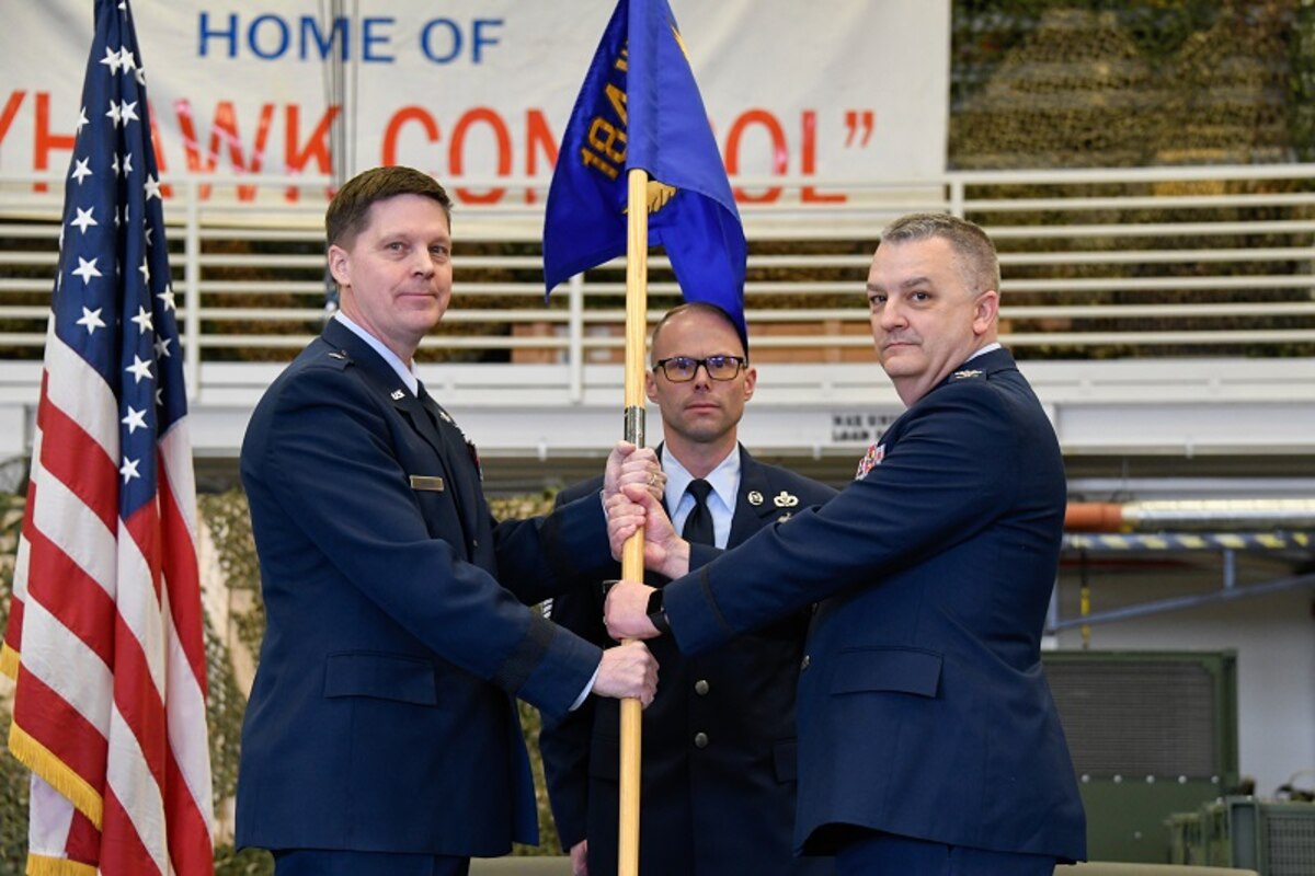 Col. David Hewlett assumed command of the Kansas Air National Guard’s 184th Wing during a change of command ceremony at McConnell Air Force Base, Kansas, March 2, 2024.The official party included Brig. Gen. Jason Knobbe, commander of the Kansas Air National Guard; Col. Steve Smart, outgoing commander, 184th Wing; and Col. David Hewlett, incoming commander, 184th Wing. (Air National Guard photo by Master Sgt. Matt McCoy)