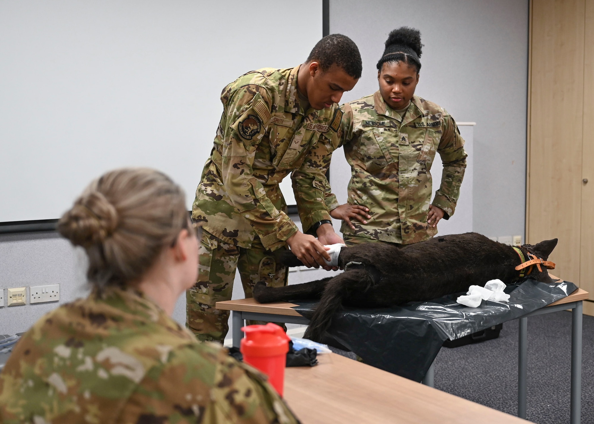 The manikin simulates fake bleeding so that attendees can practice for real-world scenarios.