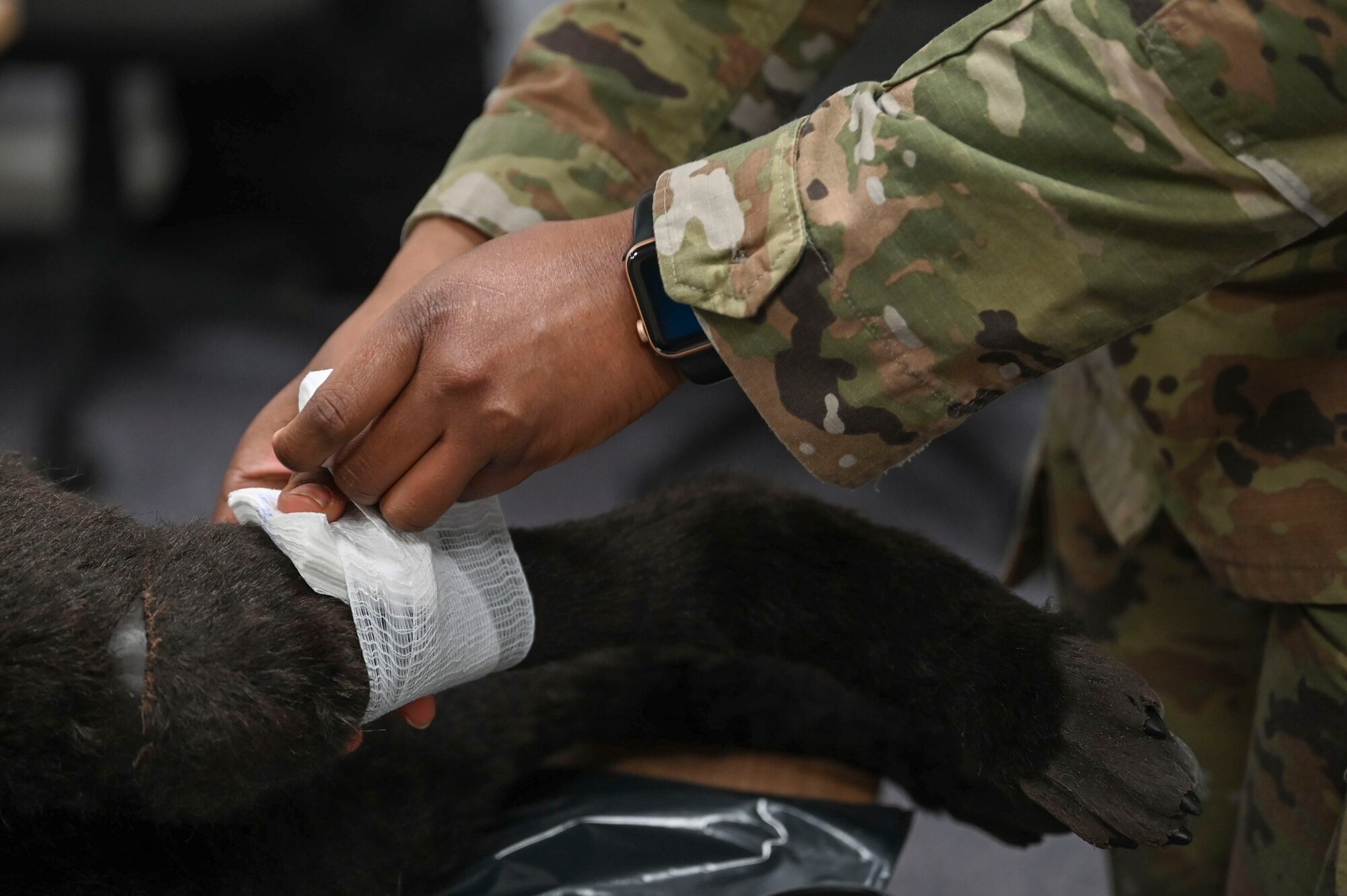 The manikin simulates fake bleeding so that attendees can practice for real-world scenarios.