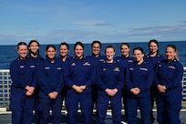 The female command and crew of U.S. Coast Guard Cutter Forward (WMEC 911) pose for a group photo underway in the Atlantic Ocean, Aug. 26, 2023. Forward is a 270-foot, Famous-class medium endurance cutter. The cutter’s primary missions are counter drug operations, migrant interdiction, enforcement of federal fishery laws and search and rescue in support of U.S. Coast Guard operations throughout the Western Hemisphere. (U.S. Coast Guard photo by Petty Officer 3rd Class Mikaela McGee)